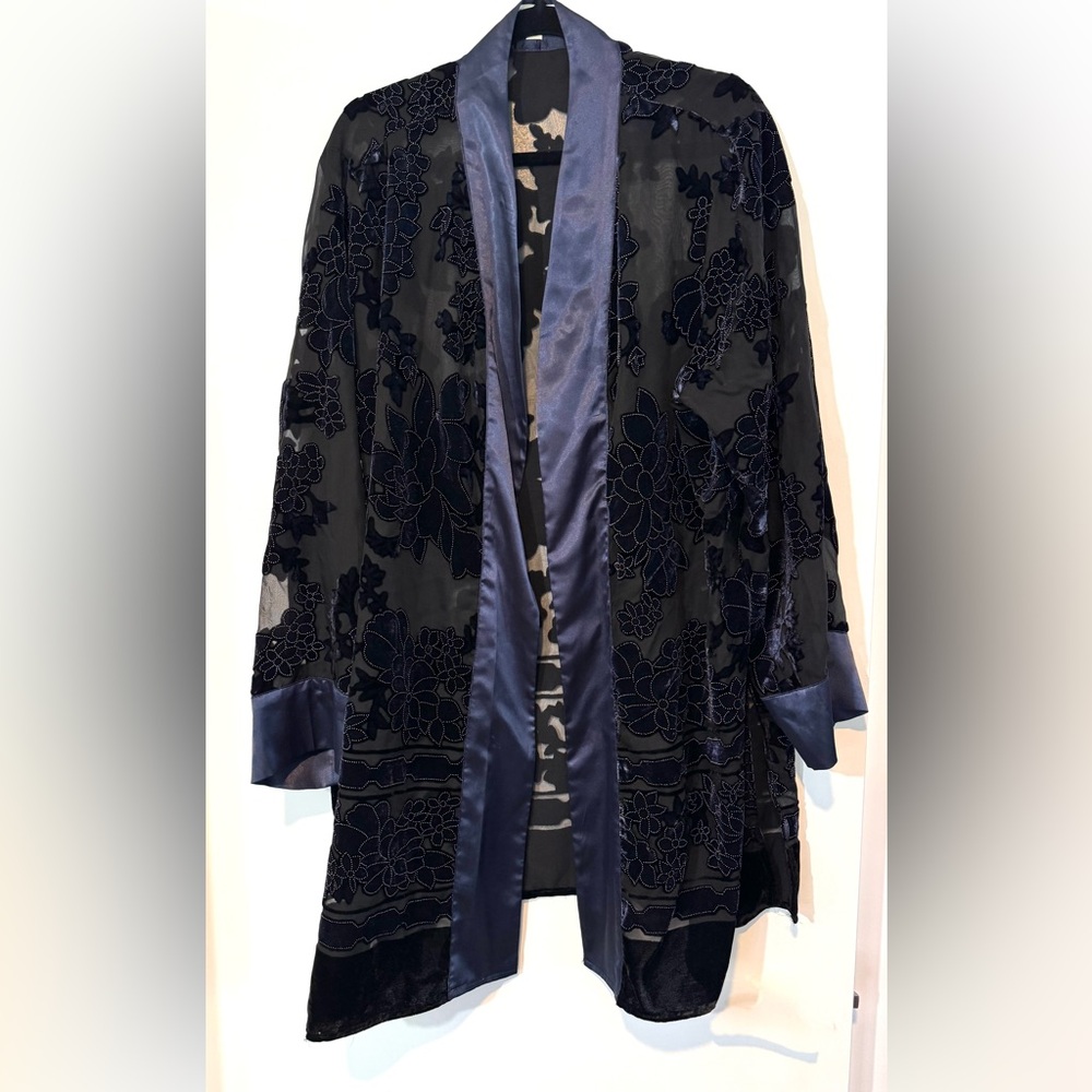 Coldwater Creek Velvet Burnout Floral Kimono Jacket Blue Trim 2X - Picture 2 of 5